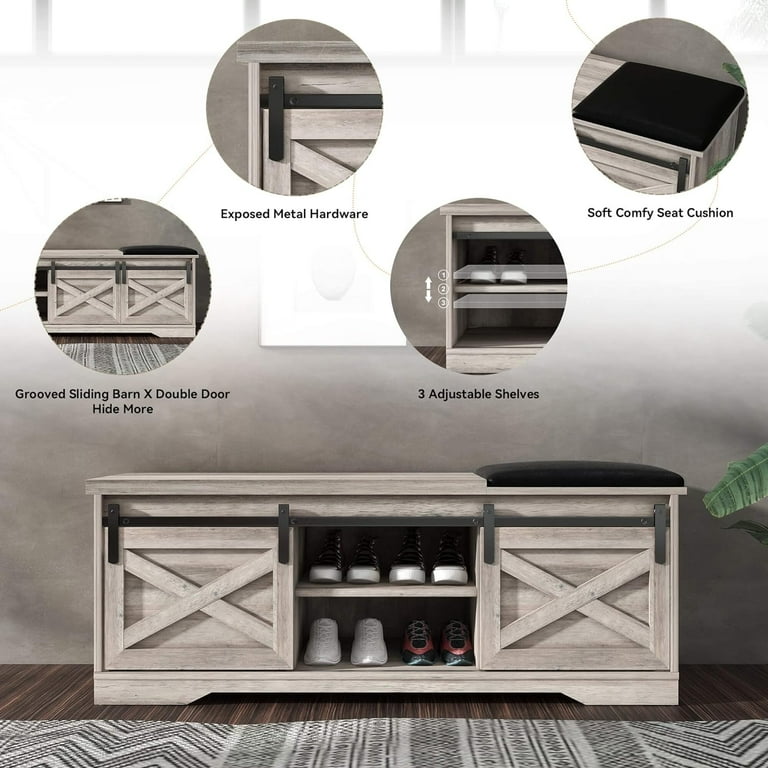 SAINTCY Farmhouse Entryway Bench with Shoe Storage Gray Farmhouse Shoe Bench with Cushion and Hidden Shoe Storage Compartment