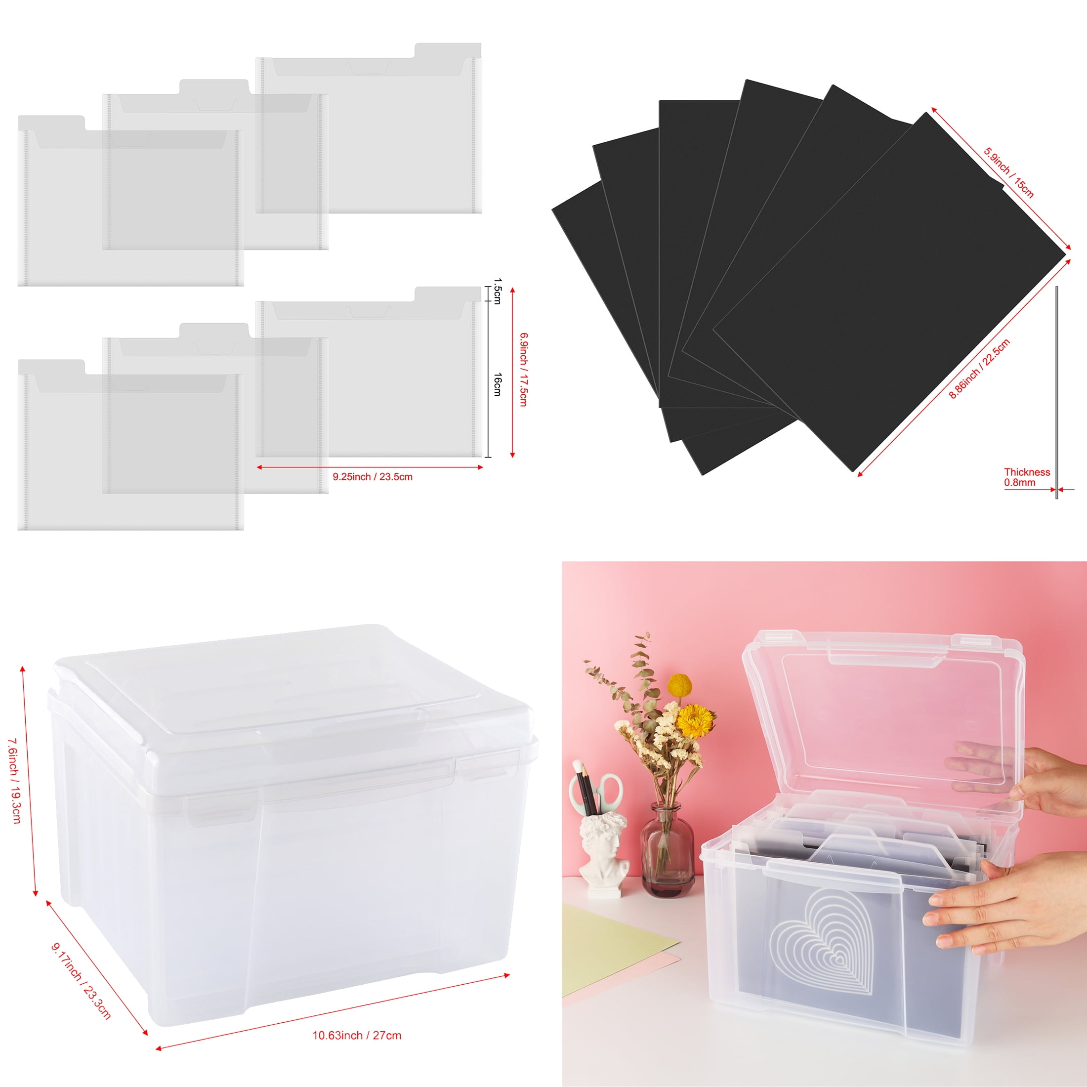 Clear Craft Storage Box with 6 Tabbed Dividers for Holiday Birthday Photos,  Crafts, Scrapbook, Paper, Stickers, Envelopes and More, Plastic Box of