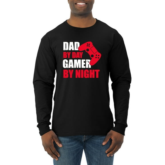 Wild Bobby,Dad by Day Gamer by Night Funny Gaming Dad Gift, Father's Day, Men Long Sleeve Shirt, Black, Small