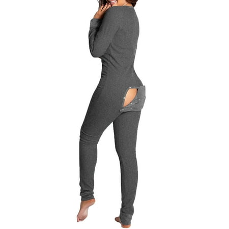 

New Womens Pajamas Set Women S Button-Down Front Functional Buttoned Flap Adults Jumpsuit