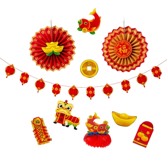 Fun Express Red Lunar New Year Tabletop, Wall & Ceiling Decorating Kit - 10 Pieces
