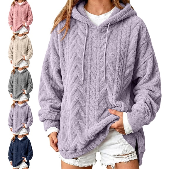 Zysthvn Fleece Womens Pullover Hoodie Drawstring Casual Fall Women's Sweatshirt Solid with Pockets Lightweight Loose Fit Long Sleeve Tops