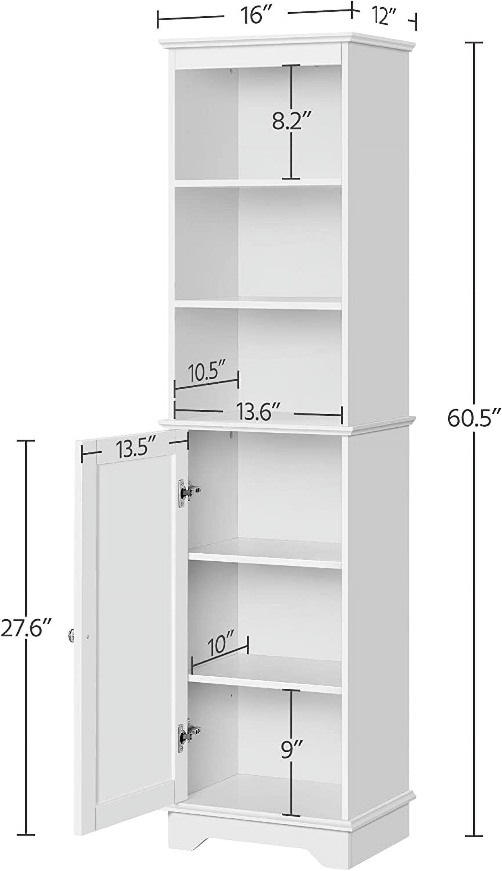 Bathroom Storage Cabinet, Tall Slim Cabinet with 3 Shelves & Door, Floor Freestanding Linen Cabinet for Bathroom, Living Room, 16 x 12 x 60.5 Inches, White