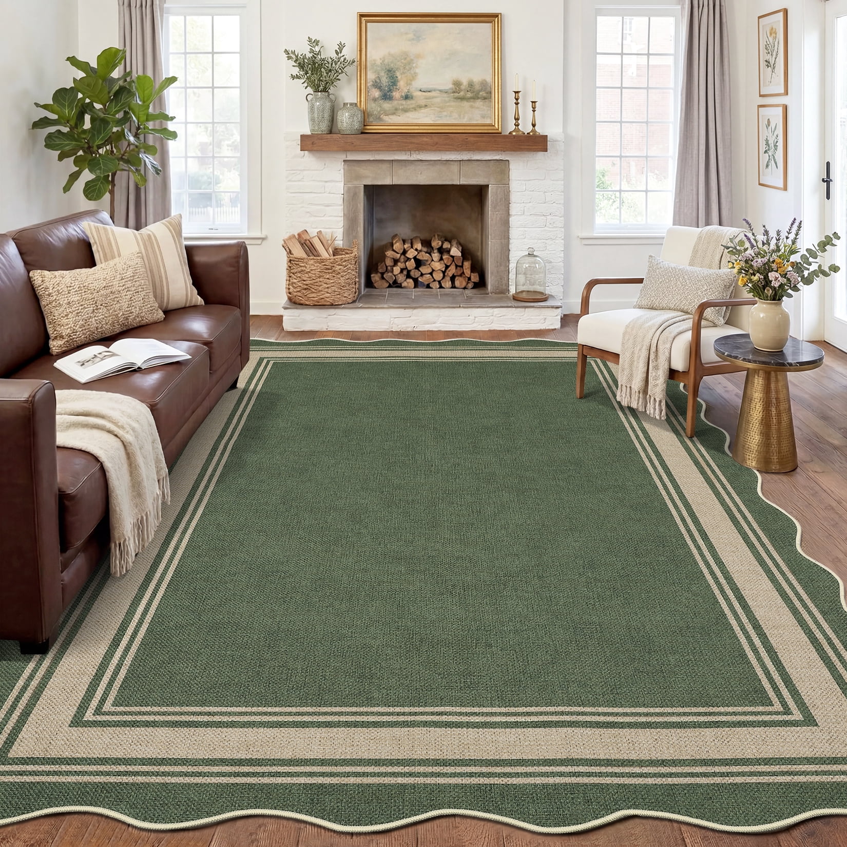 Nanan Scalloped Area Rug 9'x12' Edge Jute Rug, Washable Non Slip Low Pile Indoor Outdoor Rug Farmhouse Carpet for Living Room Dining Room Patio Entryway, Green