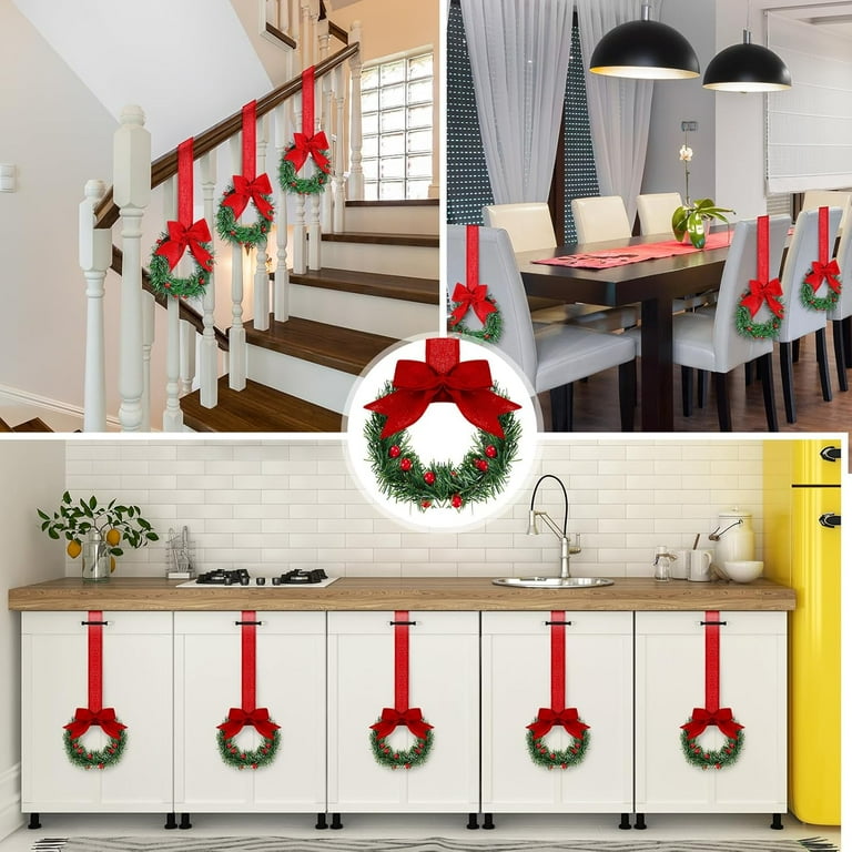 12 Pcs Mini Christmas Wreaths For Kitchen Cabinets - Small Greenery Wreaths With Black Ribbon Bows