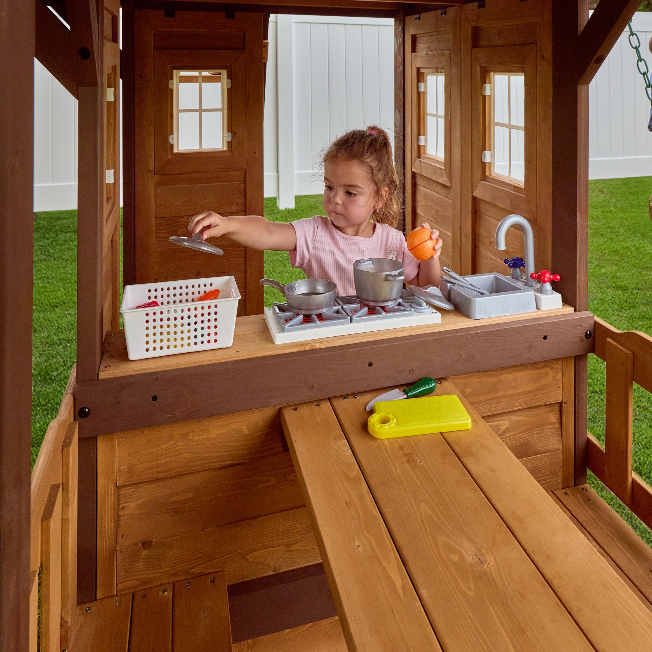 Backyard Discovery Spruce Hollow Spruce Wood Swing Set, Wave Slide, Clubhouse, Rock Wall