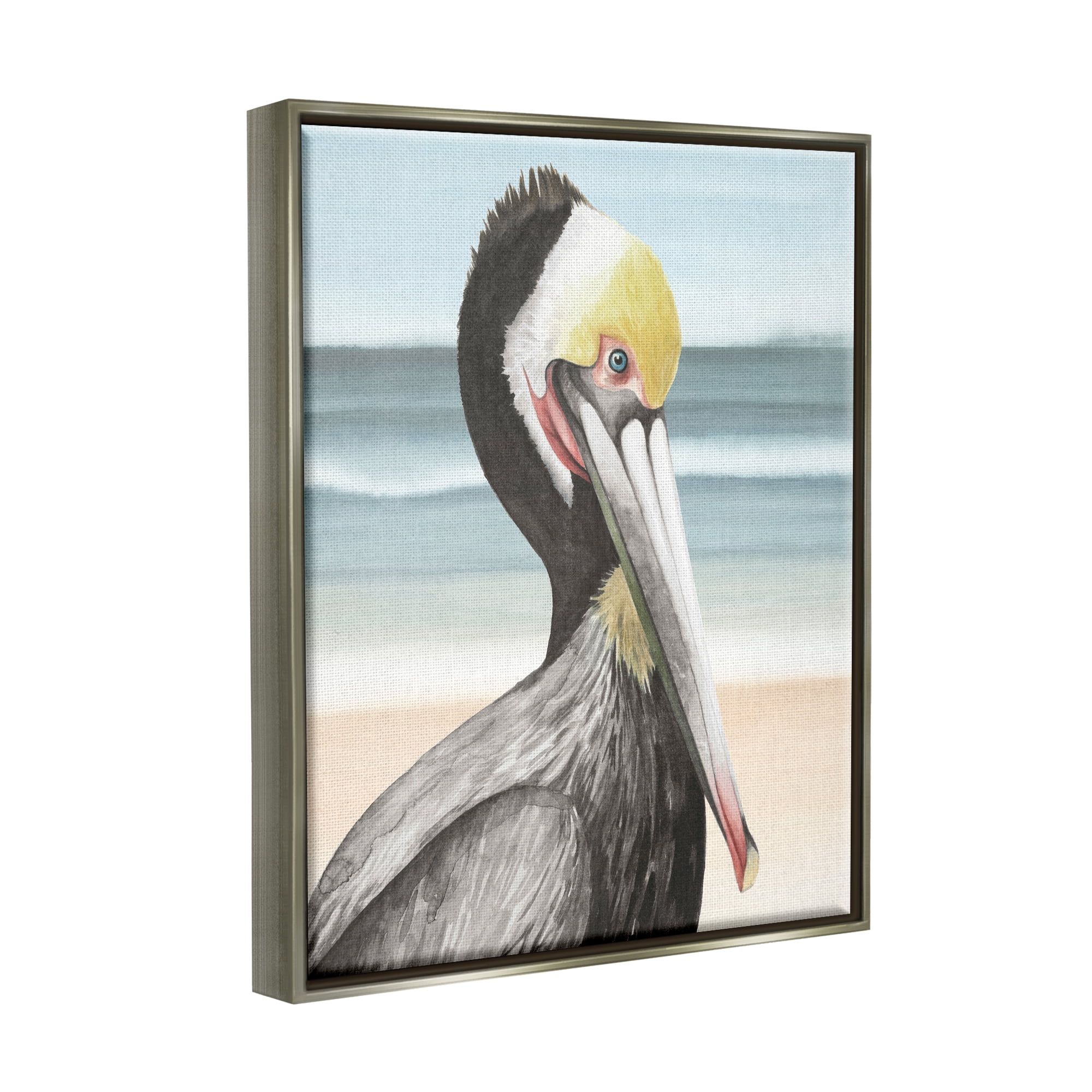 Stupell Industries Pelican Portrait on Beach Animals & Insects Painting Gray Floater Framed Canvas Art Print Wall Art, 17 x 21