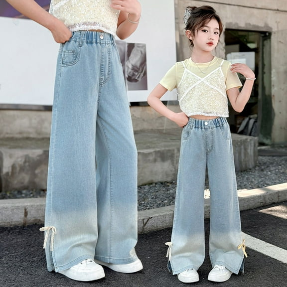 Kids Jeans Girls Bow Jeans Girls Straight Leg Wide Leg Jeans High Waisted Girls Baggy Pants with Pocket Size 8-9 Years Girls Clothes
