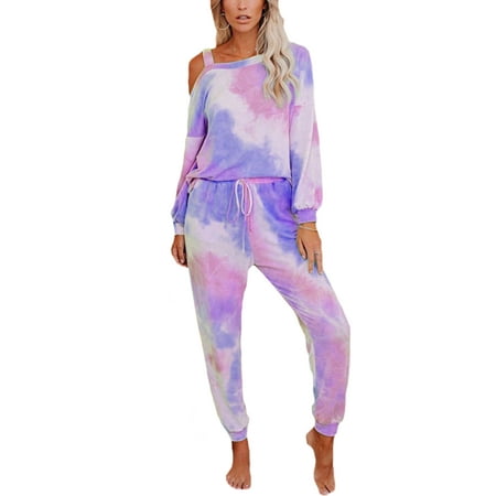 

Frontwalk Ladies Nightwear Suit One Shoulder Pajamas Set Pocket Sleepwear Outfits Homewear Loose Pjs Tie Dye Home Clothes Light Pink M