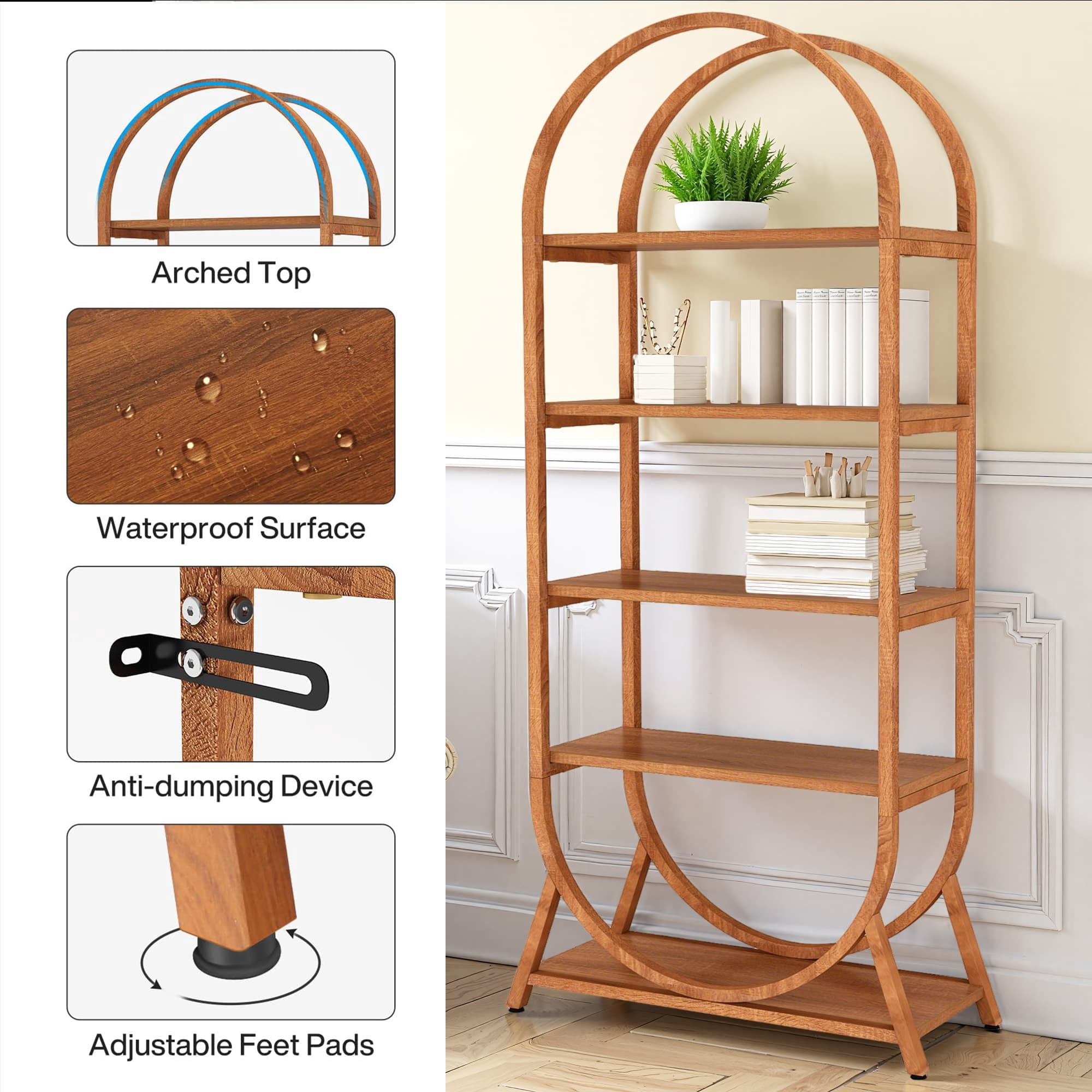 MAYEERTY Curved Top 5-Tier Open Arched Bookshelf, 70.8" Compact Storage Display Rack for Small Rooms