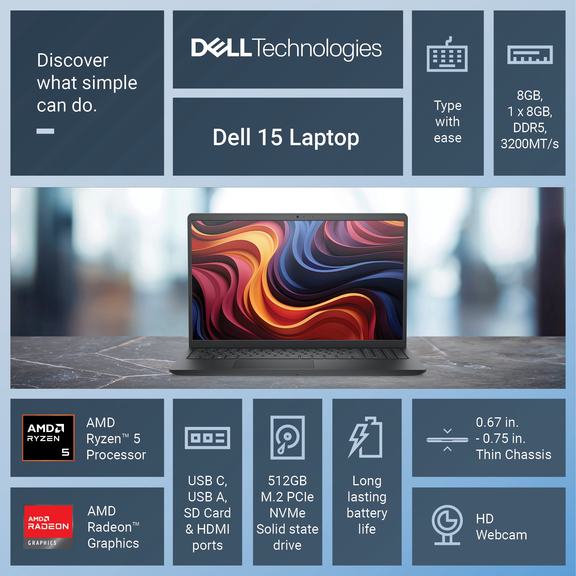 Dell 15 Laptop DC15255 - 15.6-inch FHD Touchscreen, AMD Ryzen 5-7530U, 8GB RAM, 512GB SSD, Black