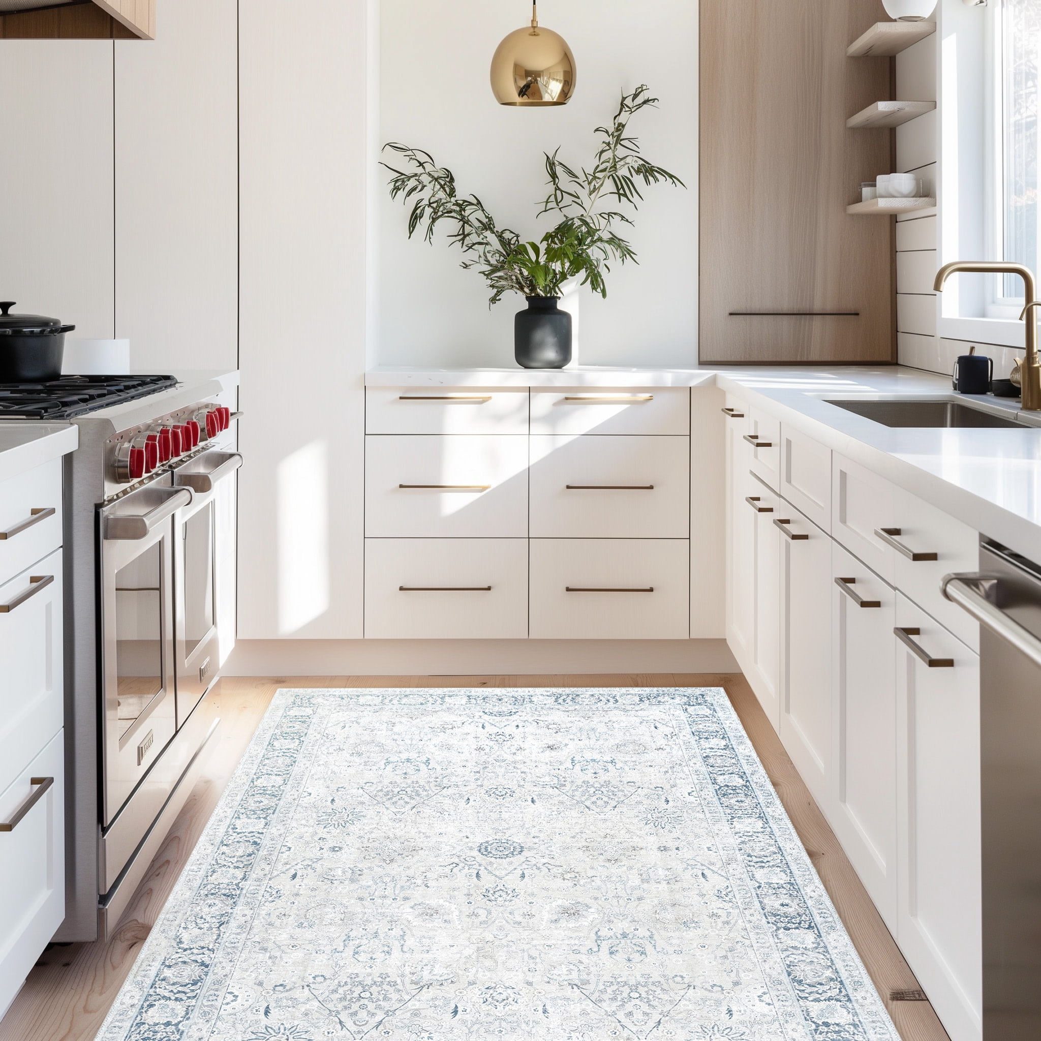 Rugs USA Bayberry Vintage Machine Washable Area Rug, 3' x 5', Ivy Light Blue