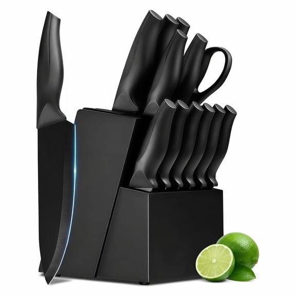 EXLEAF Knife Set,14 Pieces Kitchen Knife Set,High Carbon German Stainless Steel,Dishwasher Safe Cutlery with Built-In Knife Sharpener,Knife Block Set Black