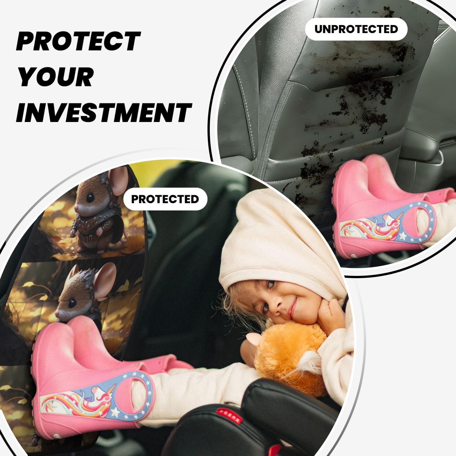 Xecao Cute Big-Eared Mouse Pattern Car Seat Back Protector 2 Pack Large Capacity Pocket, Kick Mats Back Seat Protector
