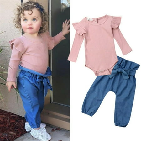 

Qtinghua Fashion 2PCS Newborn Baby Girl Outfit Ruffle Long Sleeve Romper Top + High Waist Pants Trousers Clothes Pink 6-12 Months