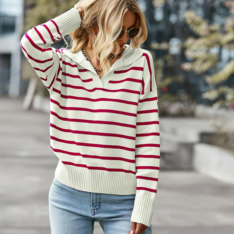Striped Print Cut Out V-Neck Sweater, Women's Shoulder Pads Top Elegant Spring Fall Women's Clothing Long Sleeve Sweater,Women Blouse,Temu