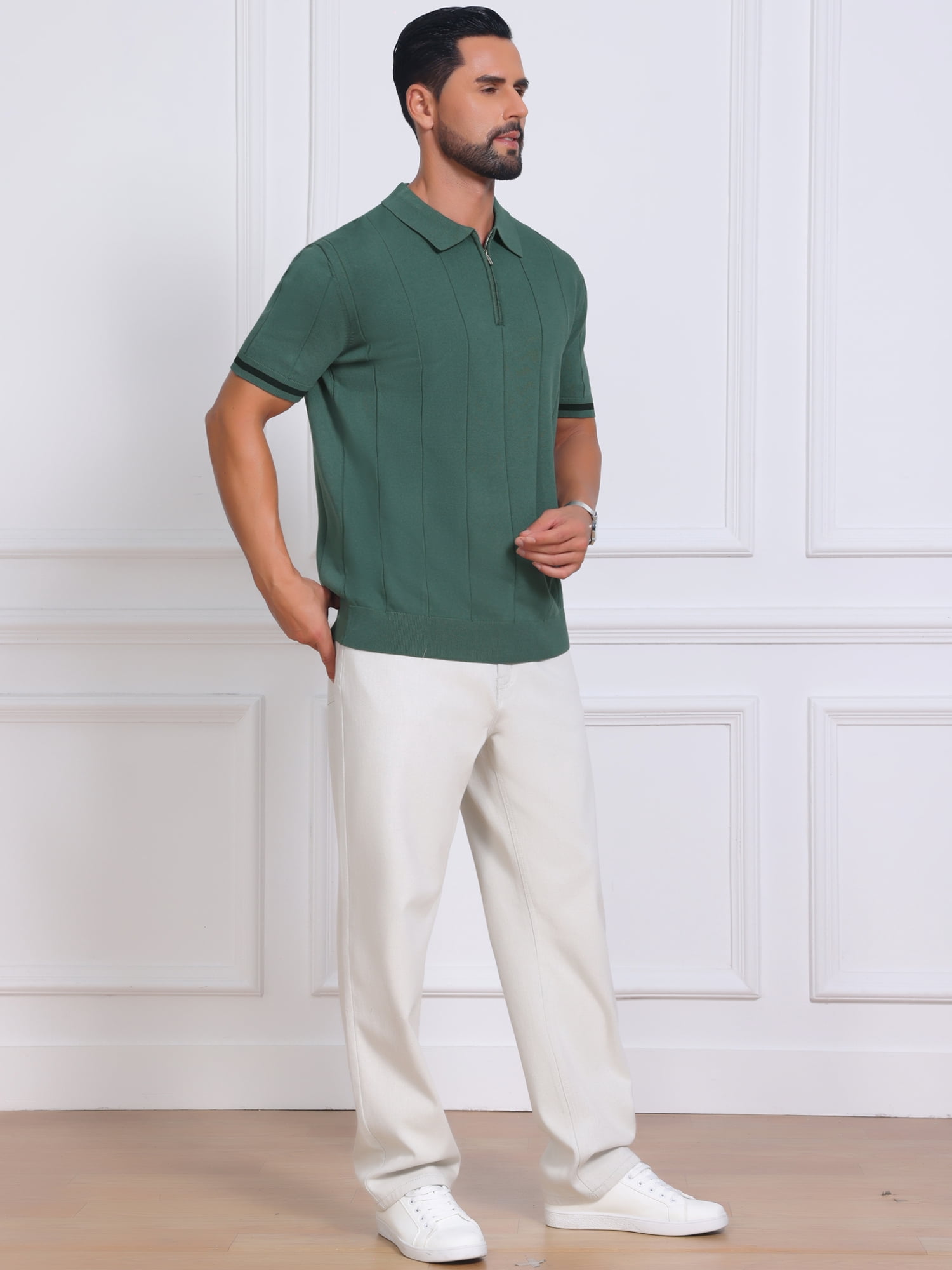 DARING DIVA Men's Textured Zip Up Ribbed Hem Short Sleeve Golf Polo Shirts M Green