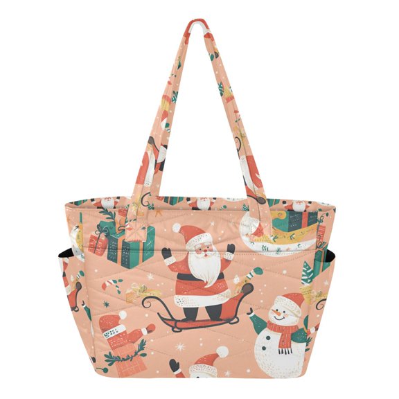 FORMRS Tote Bag for Women Quilted Large Capacity Travel Work Carry On Shoulder Handbag, Pink Christmas Santa
