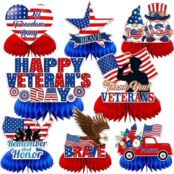 Tumao 8PCS Veterans Day Table Decorations, Honeycomb Centerpieces, Blue and Red Patriotic Decor, Thank You Happy Veterans Party Supplies Decorations