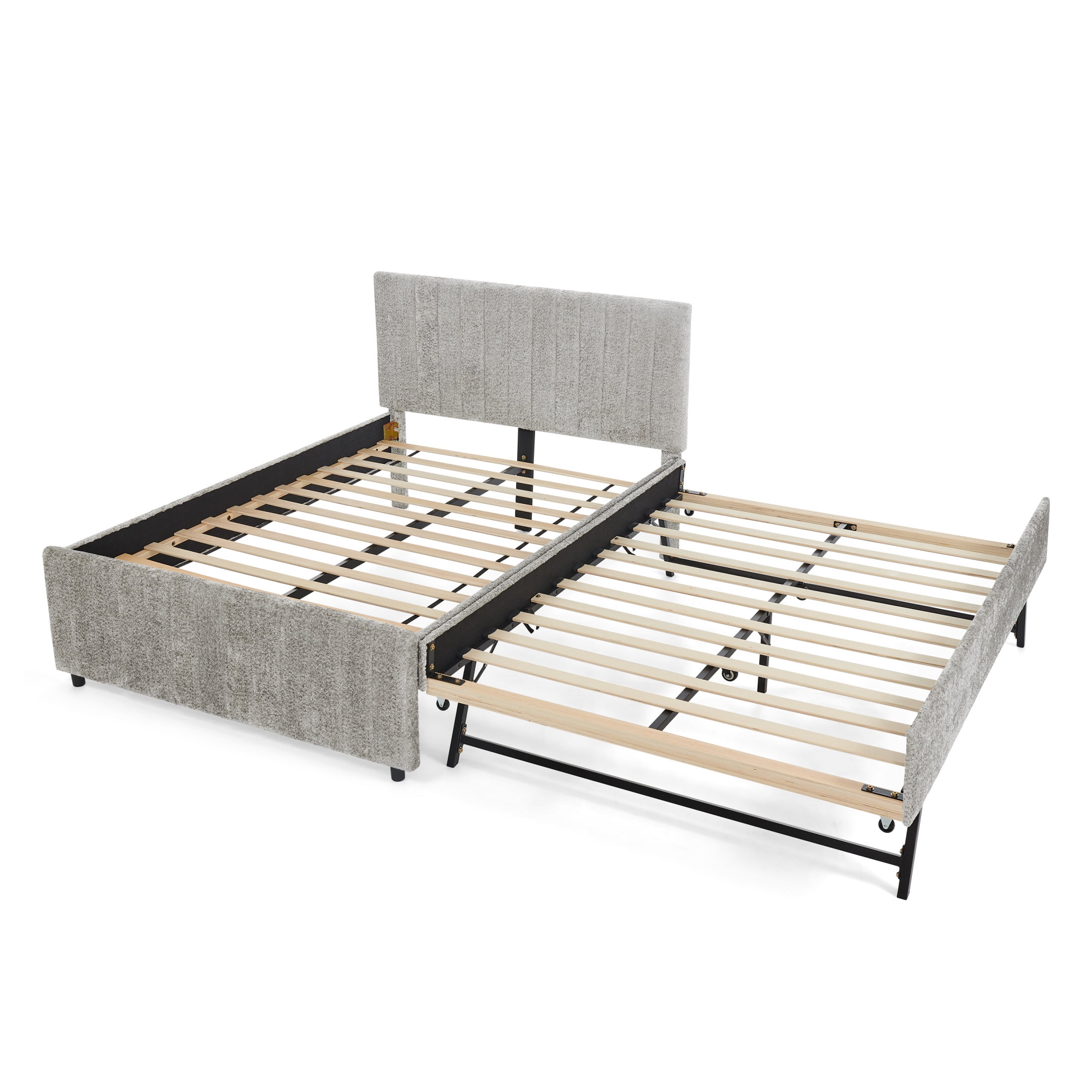 Noble House Fioren Full Size Chenille Upholstered Bed Frame, Space Saving Daybed with Hidden Trundle, Gray