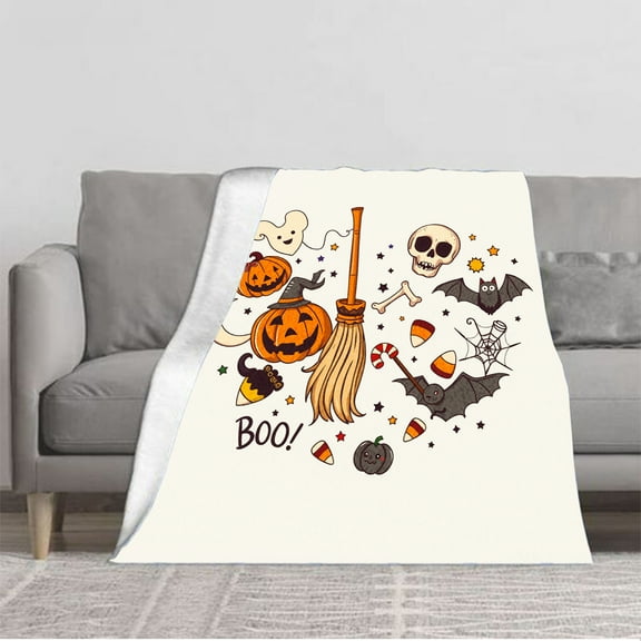 Cozy Halloween Flannel Blanket - Soft Warm Durable Design with Festive Broomstick Lanterns Ghosts & Spooky Patterns