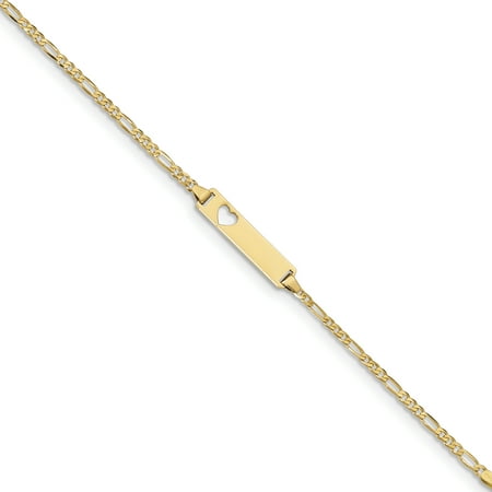 14k Yellow Gold Engravable 5.5in Figaro Link Baby ID Heart Bracelet (Plate: 0.85 x 0.2in)