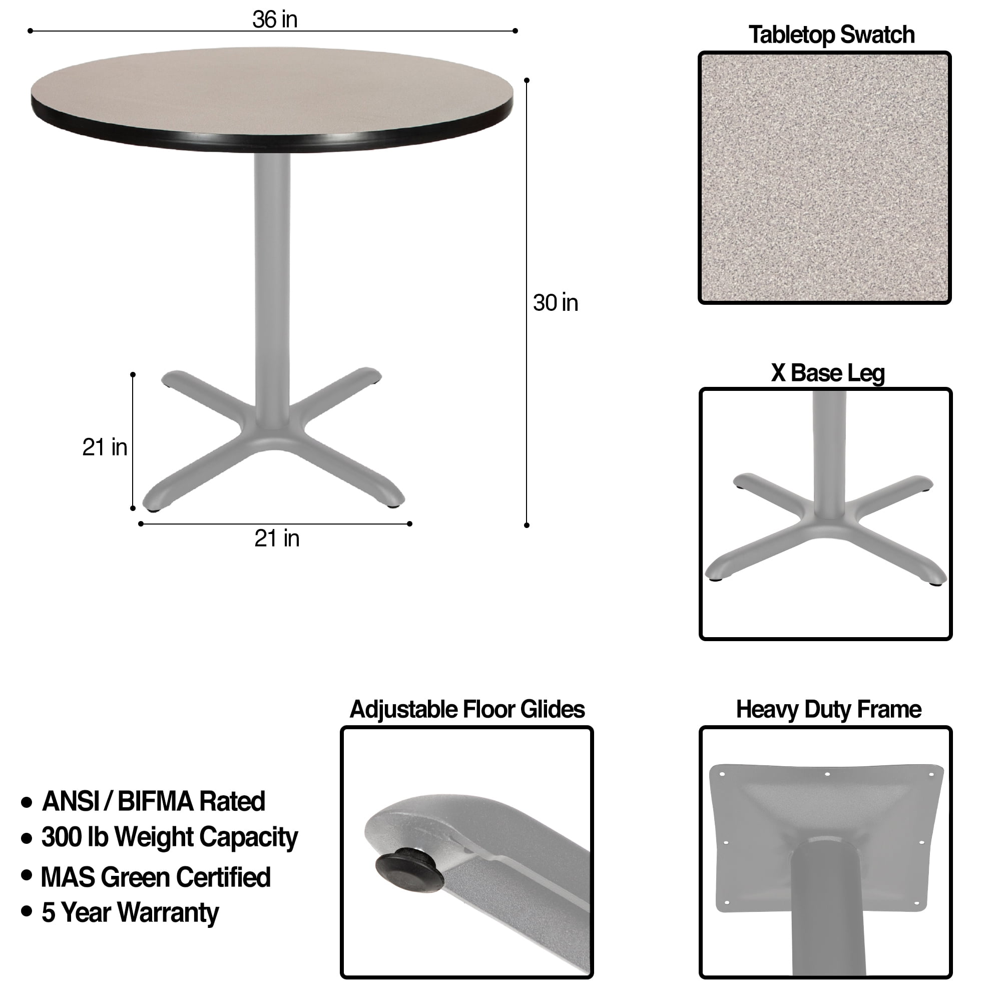 Hampden Furnishings Bennet Collection Steel Frame 36" Round Top, X Base, 30" Height, Cafe Table Grey Frame/Grey Nebula Top