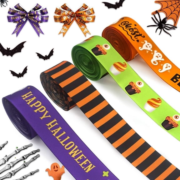 Hsomely 4PCS Satin Ribbons, Happy Halloween Boo Words Ribbons 5 Yards for Party Gift Wrap Indoor Outdoor Craft Supplies