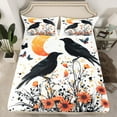 thumbnail image 2 of Halloween Raven Sheet Set Teens, Crow Bird Sheets Queen Size Moon Butterfly Bed Sheets Rustic Floral Hand Painted Fitted Sheet, White Orange And Black, 2 of 6
