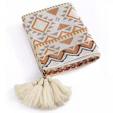 Fennco Styles Geometric Boho Knitted Throw Blanket with Tassel 50" W x 60" L – Multicolored Soft Lightweight Blanket for Couch, Bedroom, Living Room and Office Décor