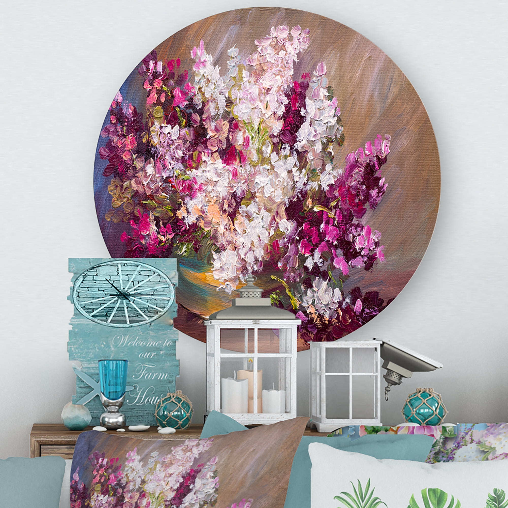 Designart 'Bouquet Of Still Life Lilacs ' Traditional Circle Metal Wall Art 23x23 - Disc of 23