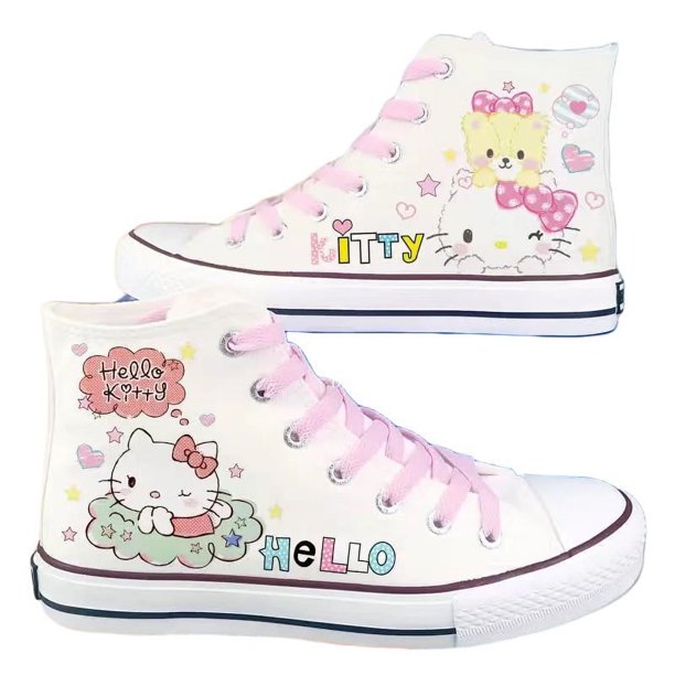 2024 Anime Sanrio Hello Kitty nuevo patrón de gato de dibujos animados zapatos de lona estampados estilo 2D zapatillas de deporte versátiles de moda para mujeres,Pattern white cat 8,39