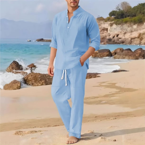 Ceisia Men's Loose Fit Pre-Shrunk Linen Stand-Up Collar Henley Top & Wide-Leg Pants Set | Beach Casual Two-Piece Outfit Gifts