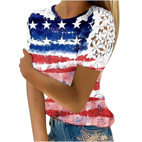 fartey Women 4th of July Tshirts Lace Trim Short Sleeve Crewneck Tops Tunic Fit American Flag Print Casual Patriotic Gift Shirts
