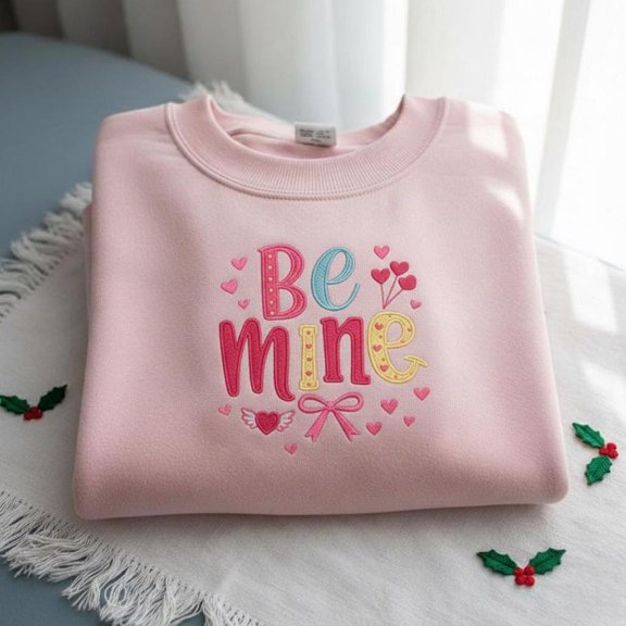 Be Mine Embroidery Valentine Sweatshirt, Cute Bow Heart Stitch Design, Colorful Love Lettering Sweater,Coquette Valentine’s Day Gift For Her