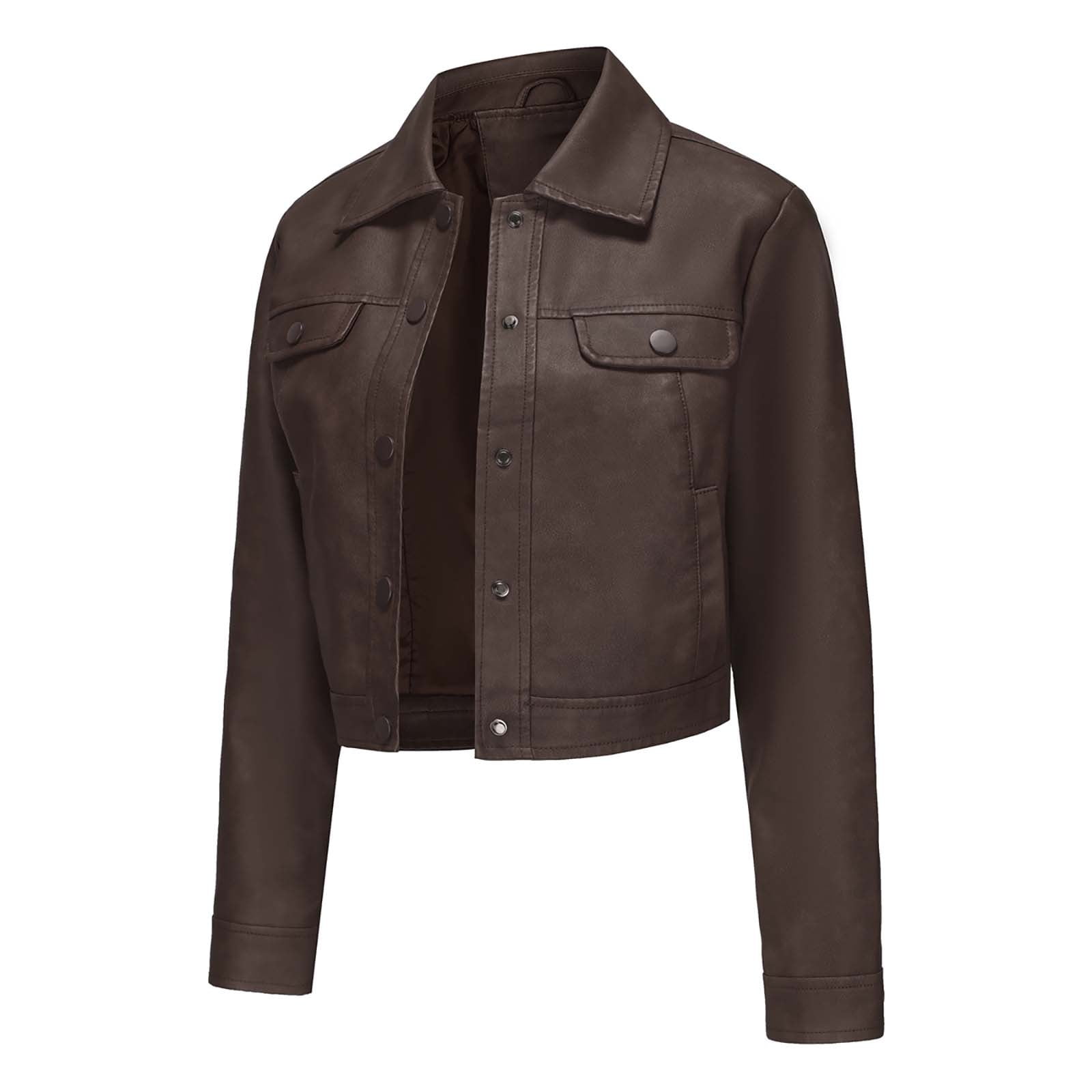 UTSJKR Womens Faux Leather Jacket 2024 Fashion Quilted Button Up Coat Motorcycle Short Biker Jackets Classic Y2k Cropped Coats Brown XXL