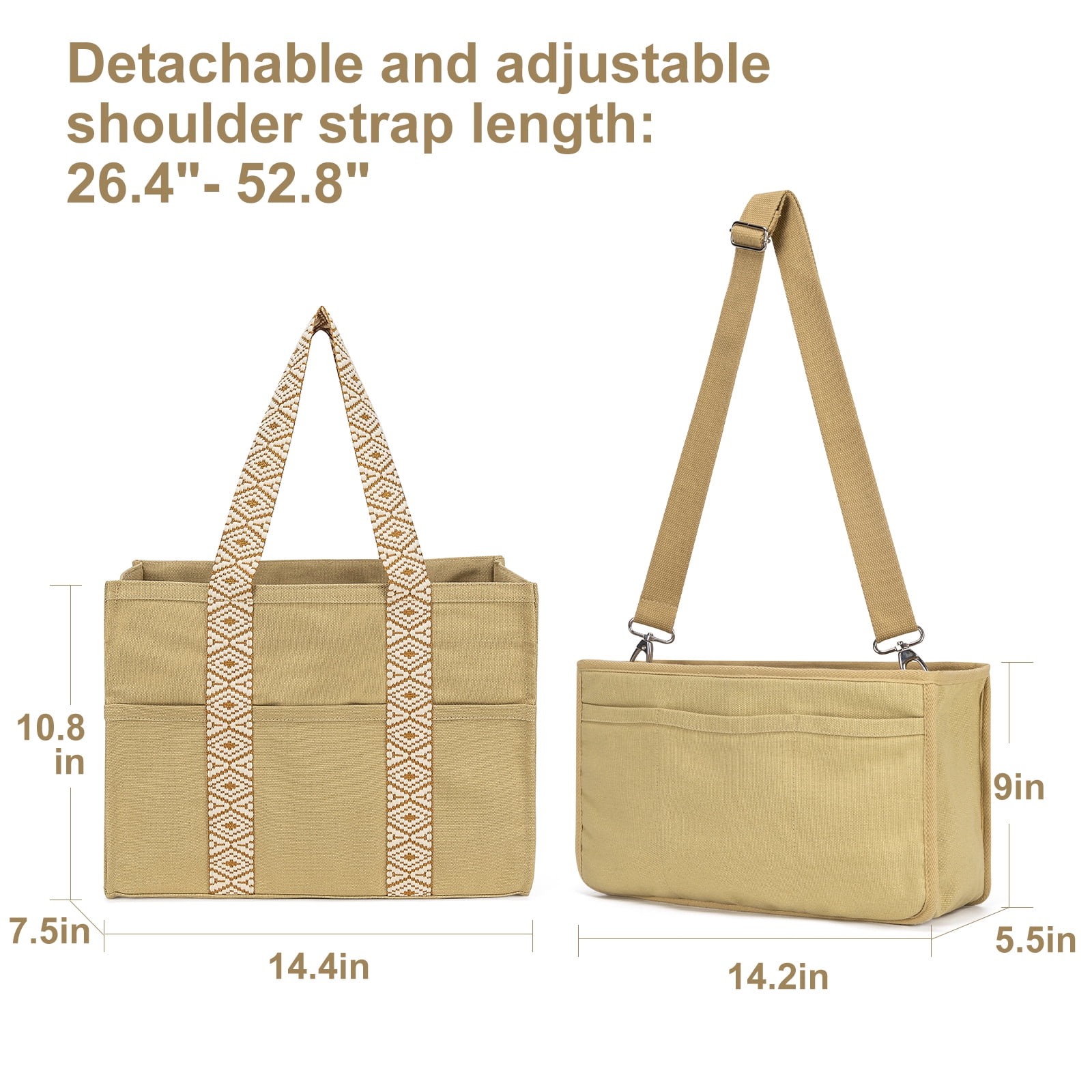 Kabaqoo Canvas Tote Bag with Multi Pockets, Crossbody Tote with Compartments
