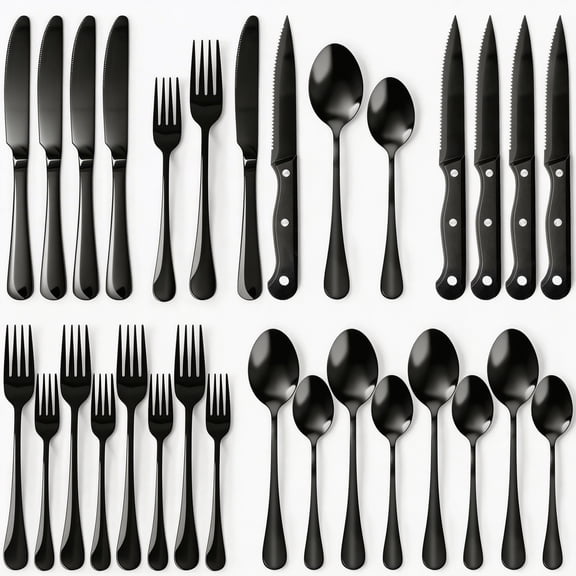 24-Piece Black Silverware Set with Steak Knives, Food-Grade Stainless Steel Flatware Set for 4, Mirror Polished Utensils Set for Kitchen Restaurant, Include Knife Fork Spoon Set