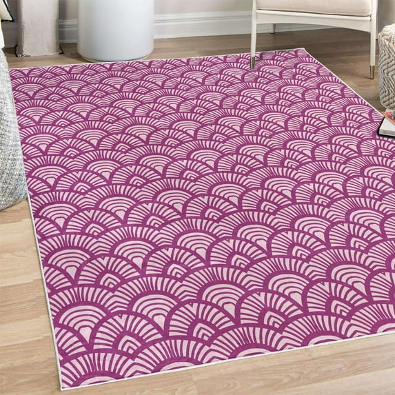 Japanese Art Decorative Rug, Fish Scale Inspired Vintage Hand Drawn Oriental Geometric Lines Motifs, Quality Carpet for Bedroom Dorm and Living Room, 6 Sizes, Pale Fuchsia, by Ambesonne
