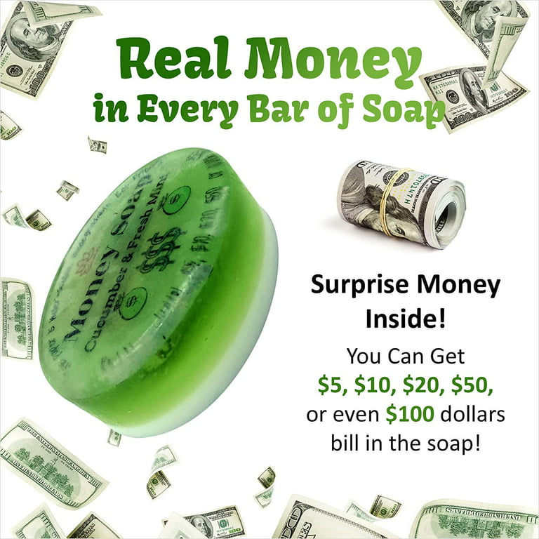 Money Soap Bar with Real Cash Inside Up to $100 Bill Inside in Each Bar -  Shea Butter Soap Refreshing Cucumber and Mint - Gift For Holidays