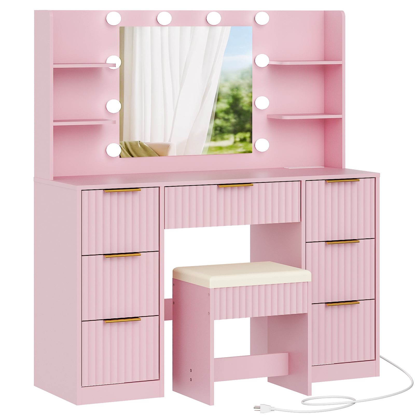 Zimtown Lighted Makeup Vanity Desk with Mirror and Charging Station, Vanity Table with 7 Drawers & 4 Storage Shelves for Dressing Room Bedroom, Pink