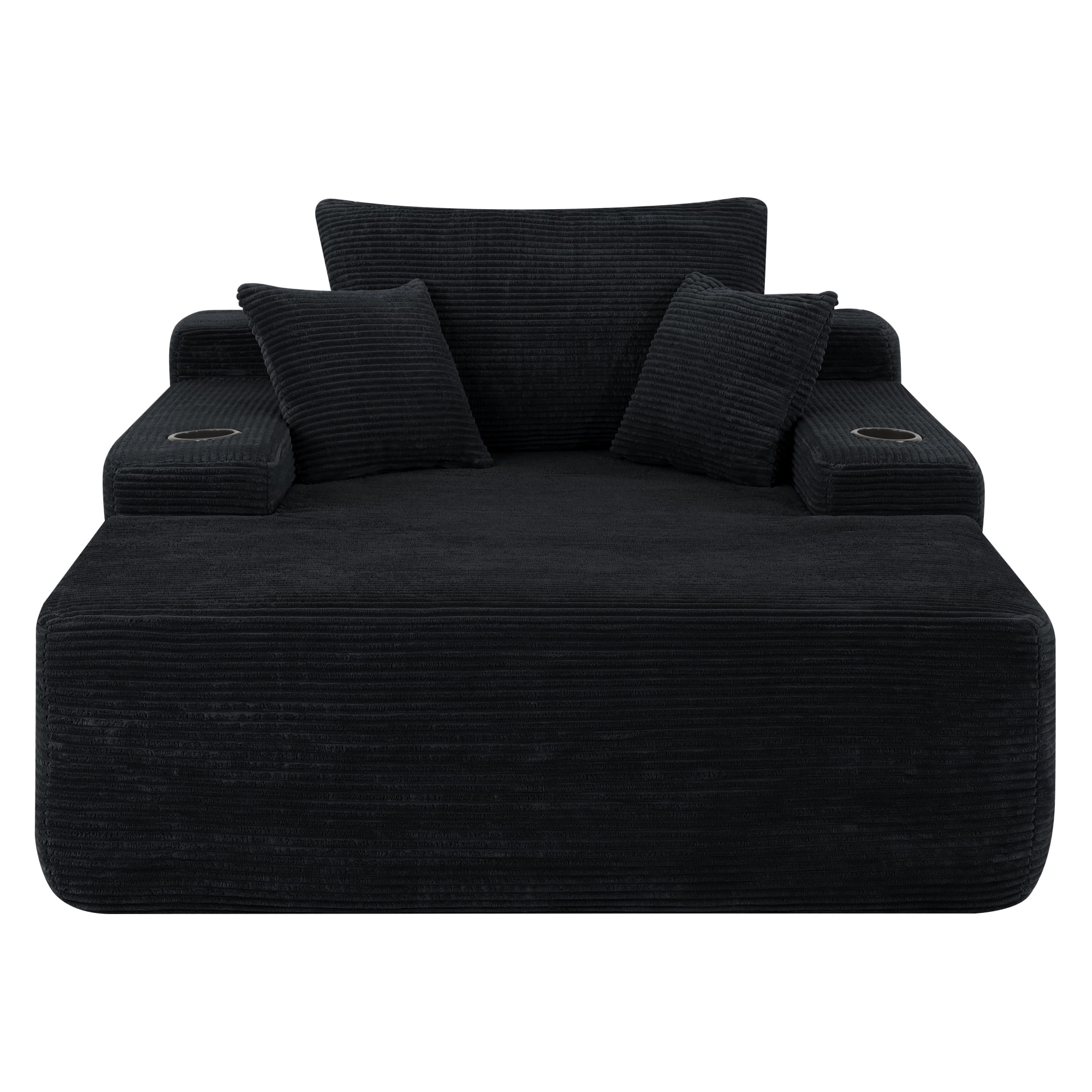 Leumius Oversized Chaise Lounge Chair Indoor,Upholstered Corduroy Cloud Couch Boneless Sofa Bed with Wide Armrest & Throw Pillows,Cup Holder for Living Room,Bedroom,No Assembly Required,Black