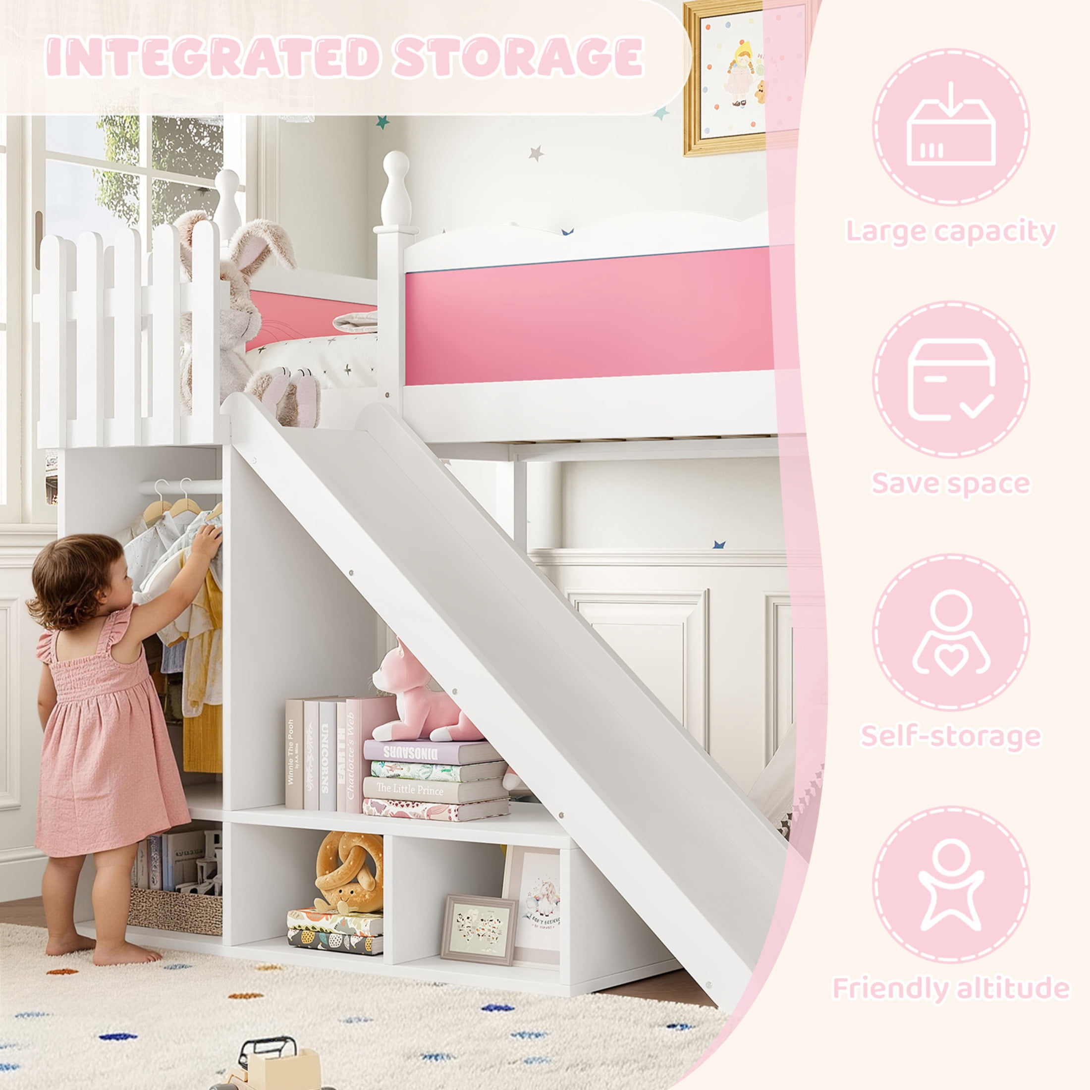 Noble House Full Loft Bed with Storage Shelves, Detachable Slide and Ladder, White + Pink