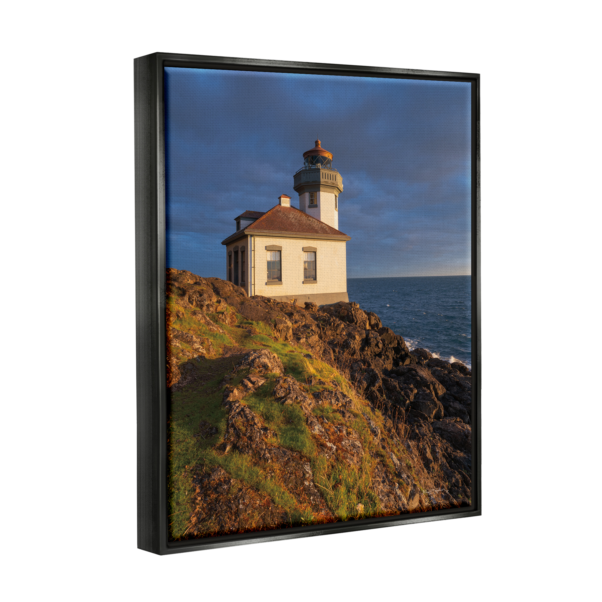 Stupell Industries Coastal Lighthouse Photography Landscape Photography Black Floater Framed Canvas Art Print Wall Art, 25 x 31