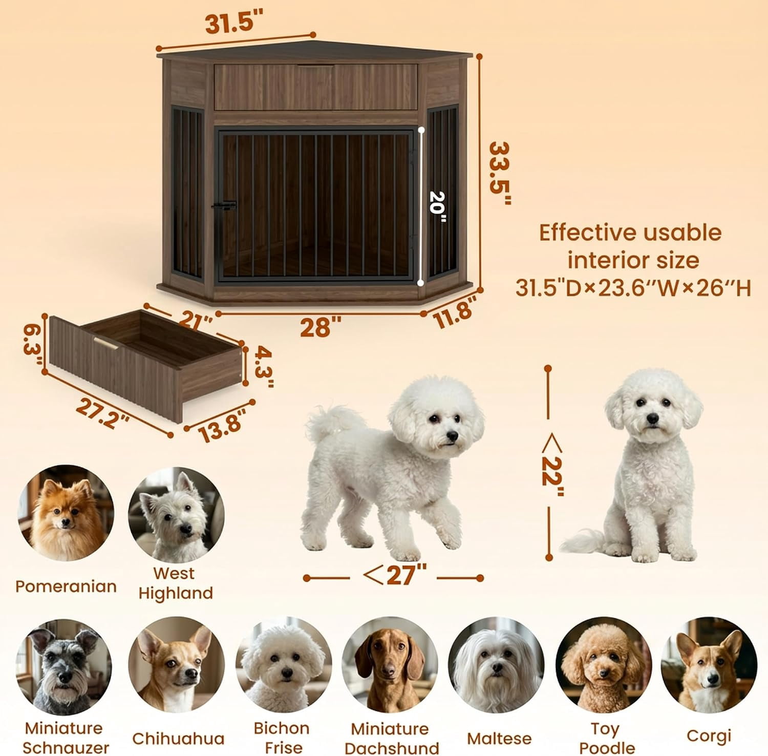 44.6" Corner MDF Dog Crate Furniture, Dog Kennel End Table with Fluted Drawer Storage, Walnut for Small/Medium Dogs Indoor