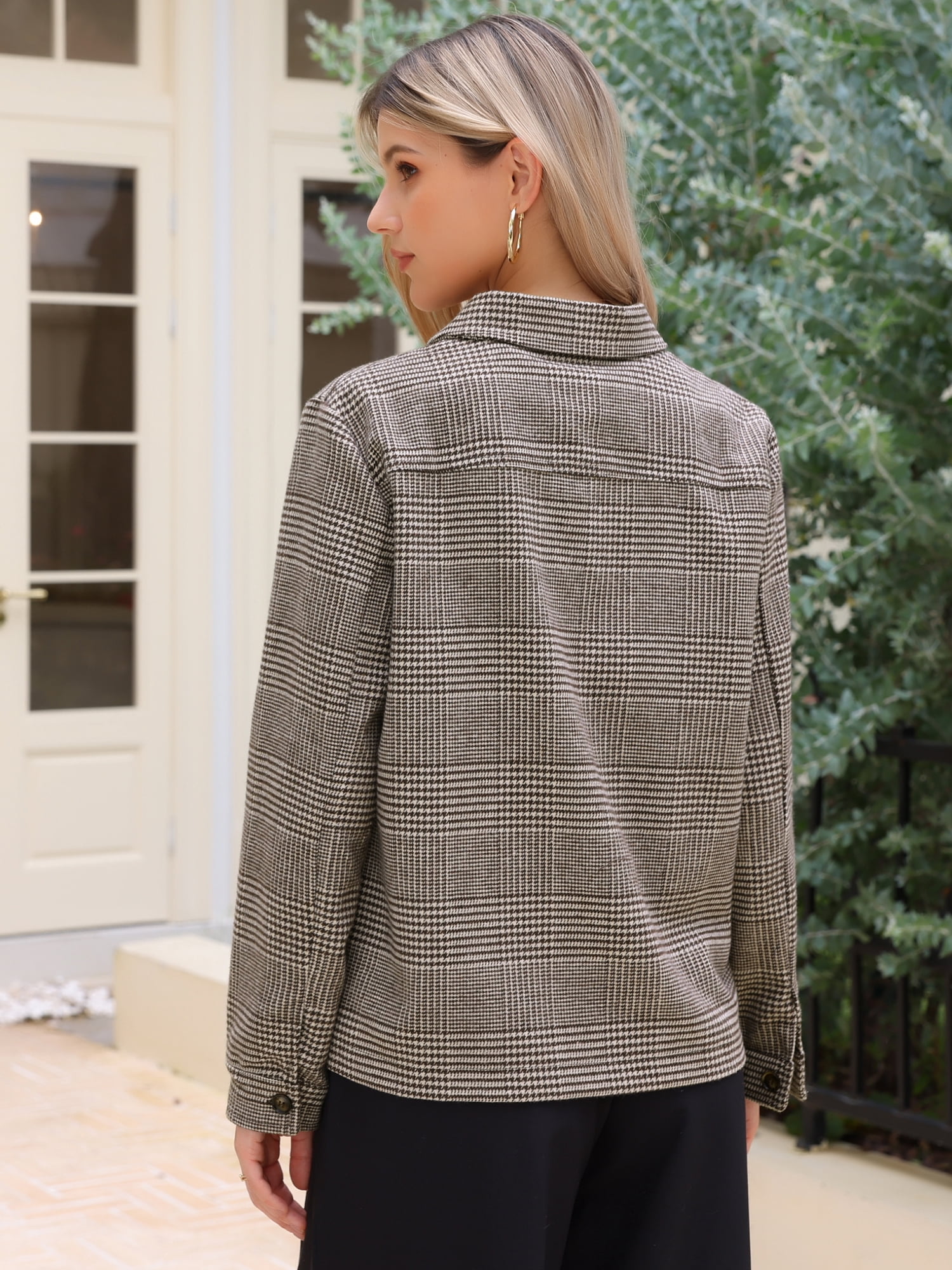 DARING DIVA Women's Houndstooth Long Sleeve Plaid Button Jacket S Brown