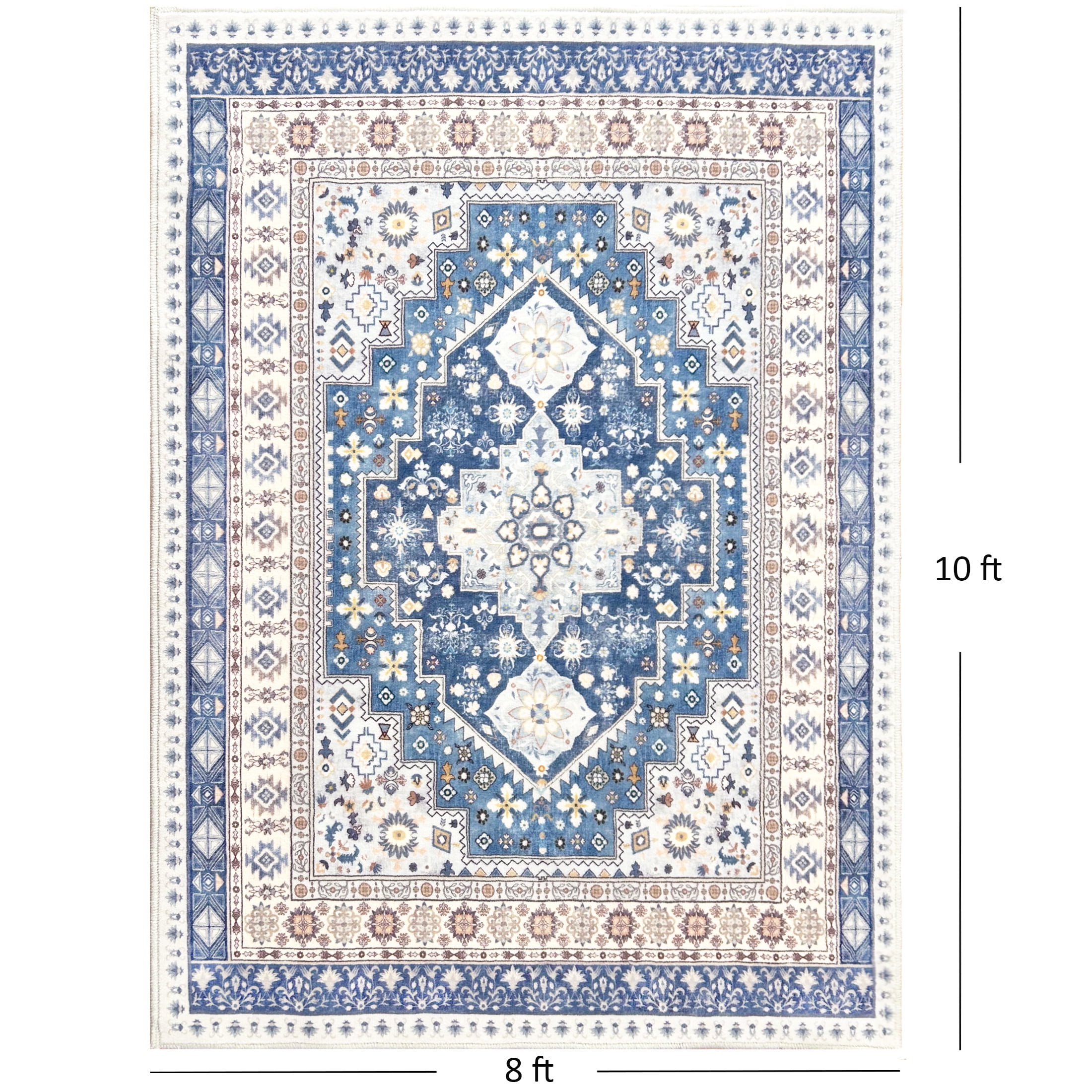 ARJINCUTE Vintage Distressed Bohemian Blue Large Area Rug 8' x 10' Non-Slip Washable Low Pile Floor Mat for Living Room, Family Room, Large Bedroom