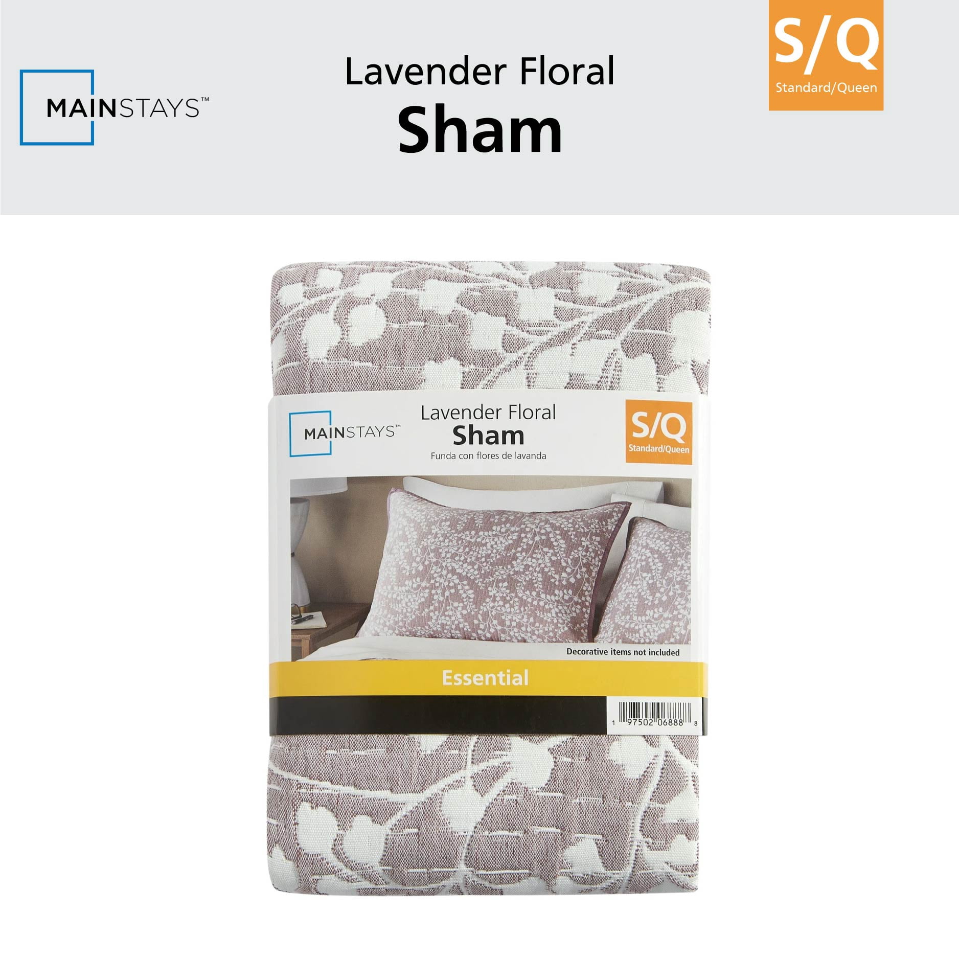 Mainstays Botanical Floral Stitched Pillow Sham, Standard, Light Purple, 1 Pack