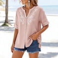 thumbnail image 6 of ClodeEU Women's Linen Blend Embroidered Short Sleeve Shirt,Casual Crewneck Blouse Top Pink,Womens Plus S, 6 of 6