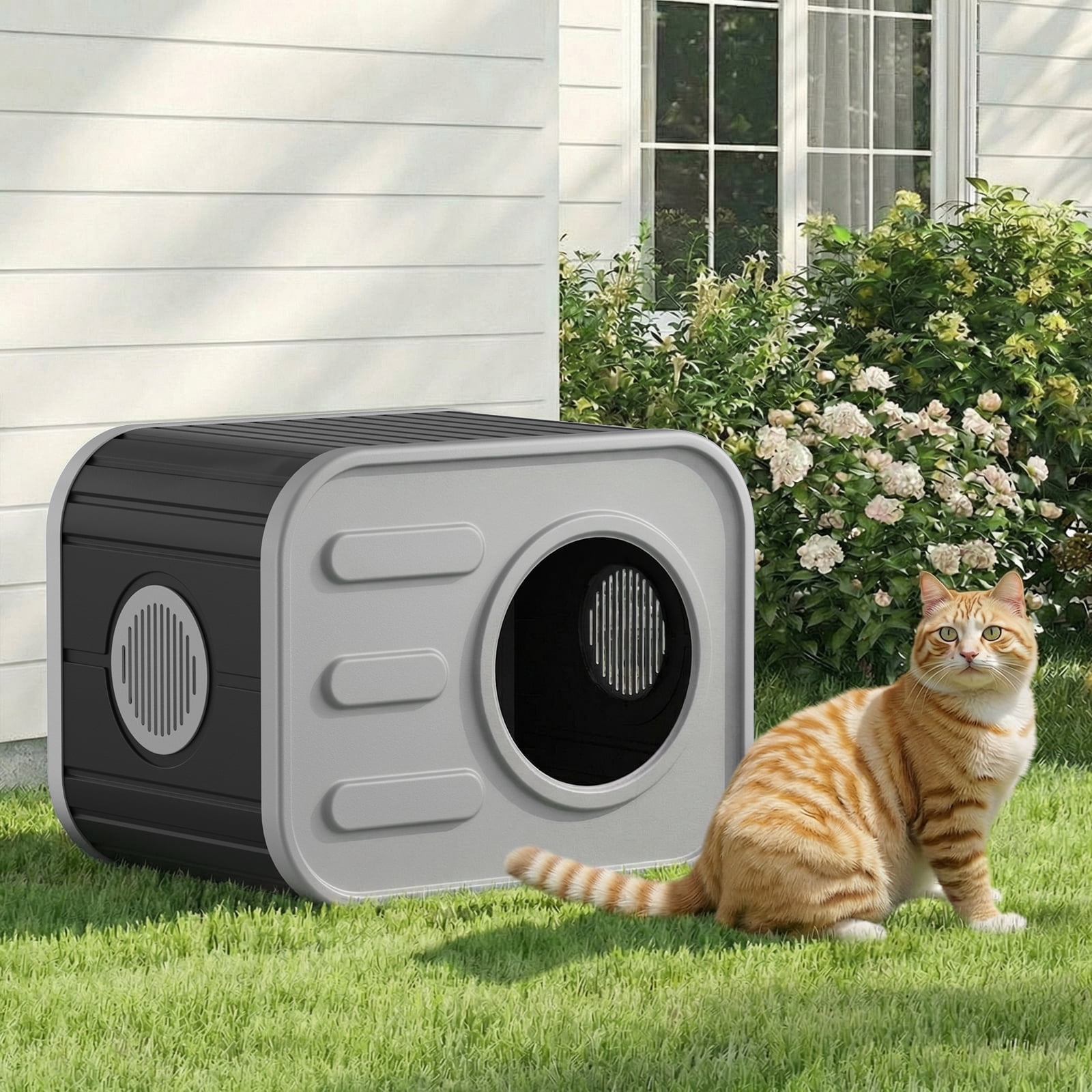 Dovov Cat House, Weatherproof Cat Shelter Camera-Shaped Cat Cage for Indoor & Outdoor Cats, Dual Ventilation Windows Cattery, Black Gray